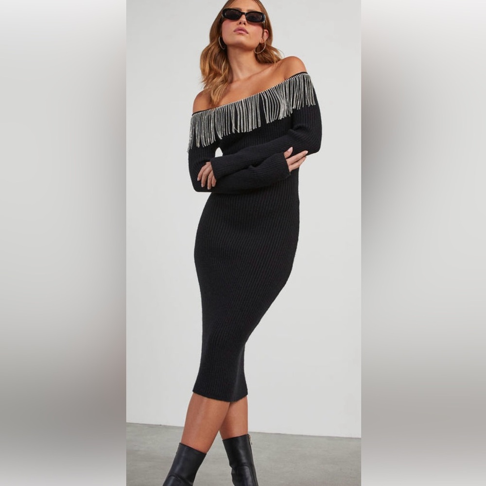Vici Black Off-Shoulder Fringe Dress